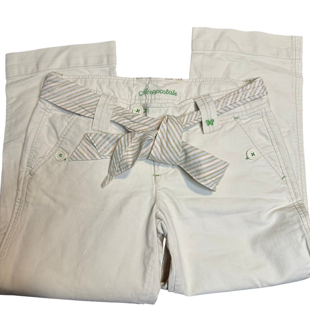 Aeropostale Khaki Belted Twill Pants, Y2K Butterfly Green Embroidery, Size 32